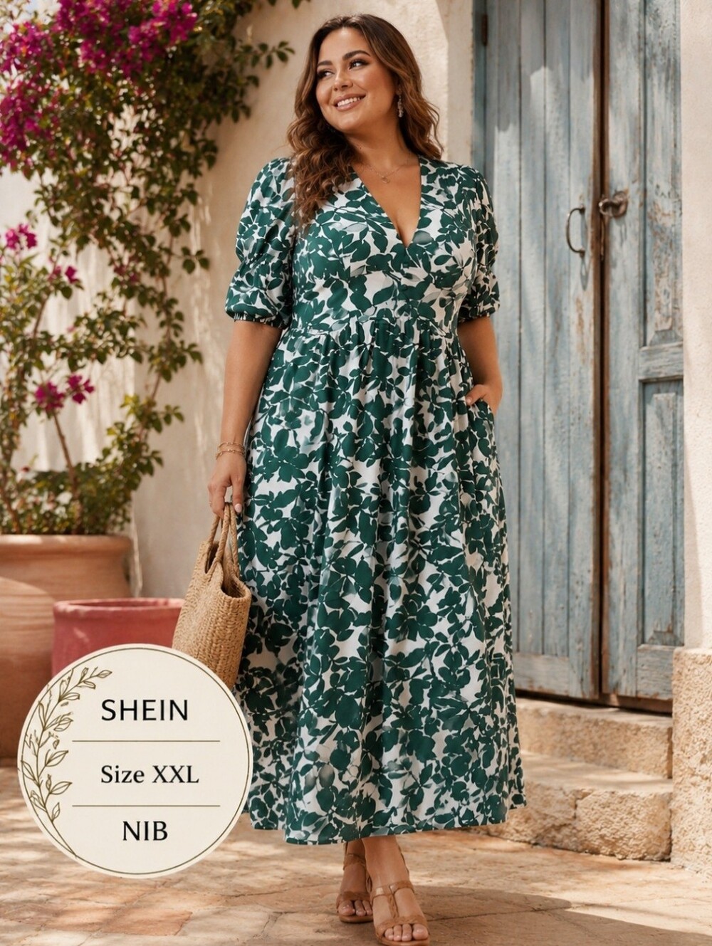 SHEIN Green and White Leaf-Print V-Neck Maxi Dress XXL NIB - Picture 1 of 8